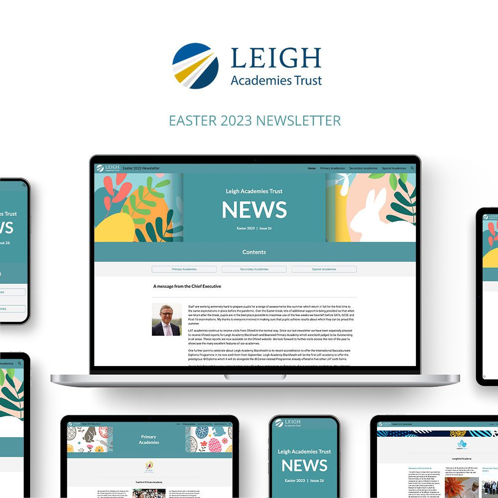 Leigh Academies Trust Easter newsletter graphic, with the LAT logo at the top in the centre, and the website on various devices dotted around the screen.